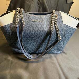 Michael Kors Signature Logo Chain Shoulder Tote Bag Navy Blue